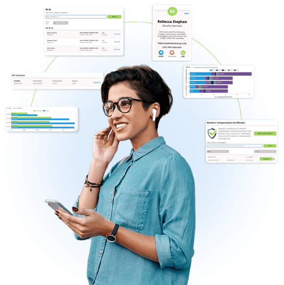 Smiling professional using a mobile device with HR dashboards and compliance tools surrounding her, representing FrankCrum’s tech-powered HRIS platform for streamlined payroll, benefits, and employee management