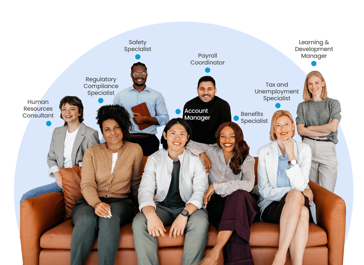 Diverse team of HR, payroll, benefits, compliance, and safety professionals representing FrankCrum’s full-service PEO support, including account managers, compliance specialists, and learning and development experts