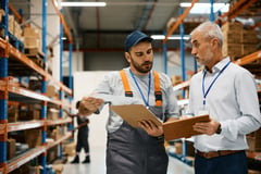 Older male employer discussing paperwork with younger male employee.