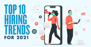 Animated masked individuals with text that reads Top 10 Hiring Trends for 2021
