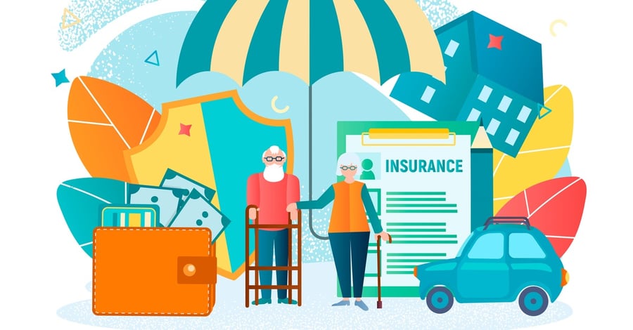 Animated elder man and woman stand in front of an oversized wallet, house, car, and insurance paperwork