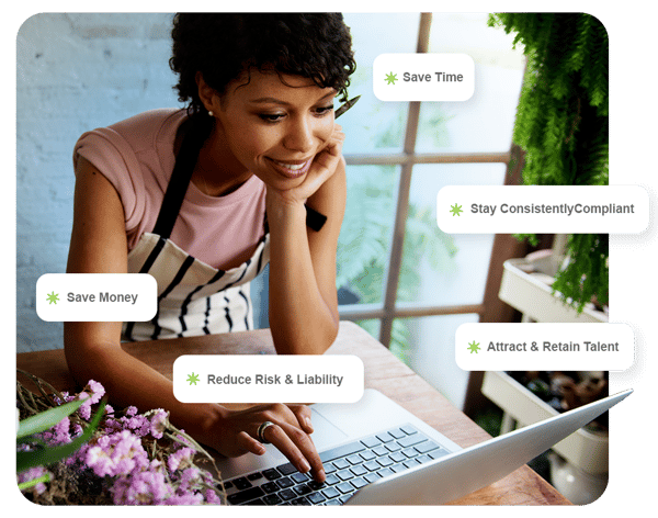 Business owner smiling while using a laptop, with benefits like saving time, saving money, attracting talent, and reducing risk—representing how FrankCrum’s HR, payroll, benefits, and workers’ comp solutions support small business growth