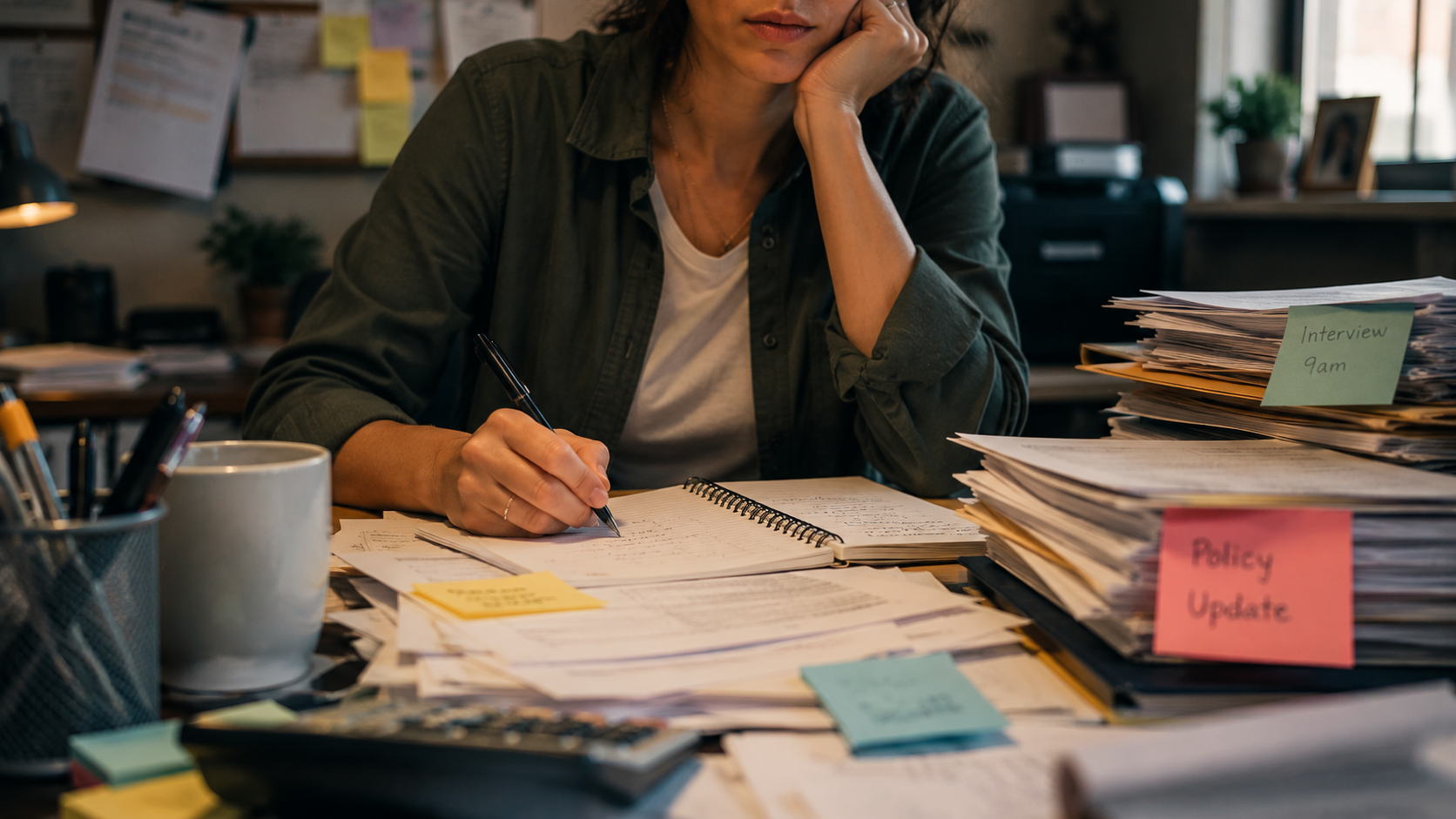 Overwhelmed employee managing stacks of paperwork at a cluttered desk in a small business office.