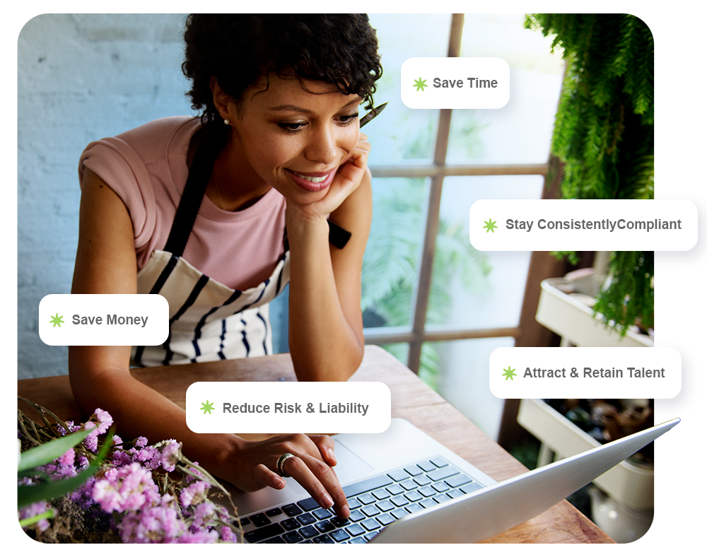 Business owner smiling while using a laptop, with benefits like saving time, saving money, attracting talent, and reducing risk—representing how FrankCrum’s HR, payroll, benefits, and workers’ comp solutions support small business growth